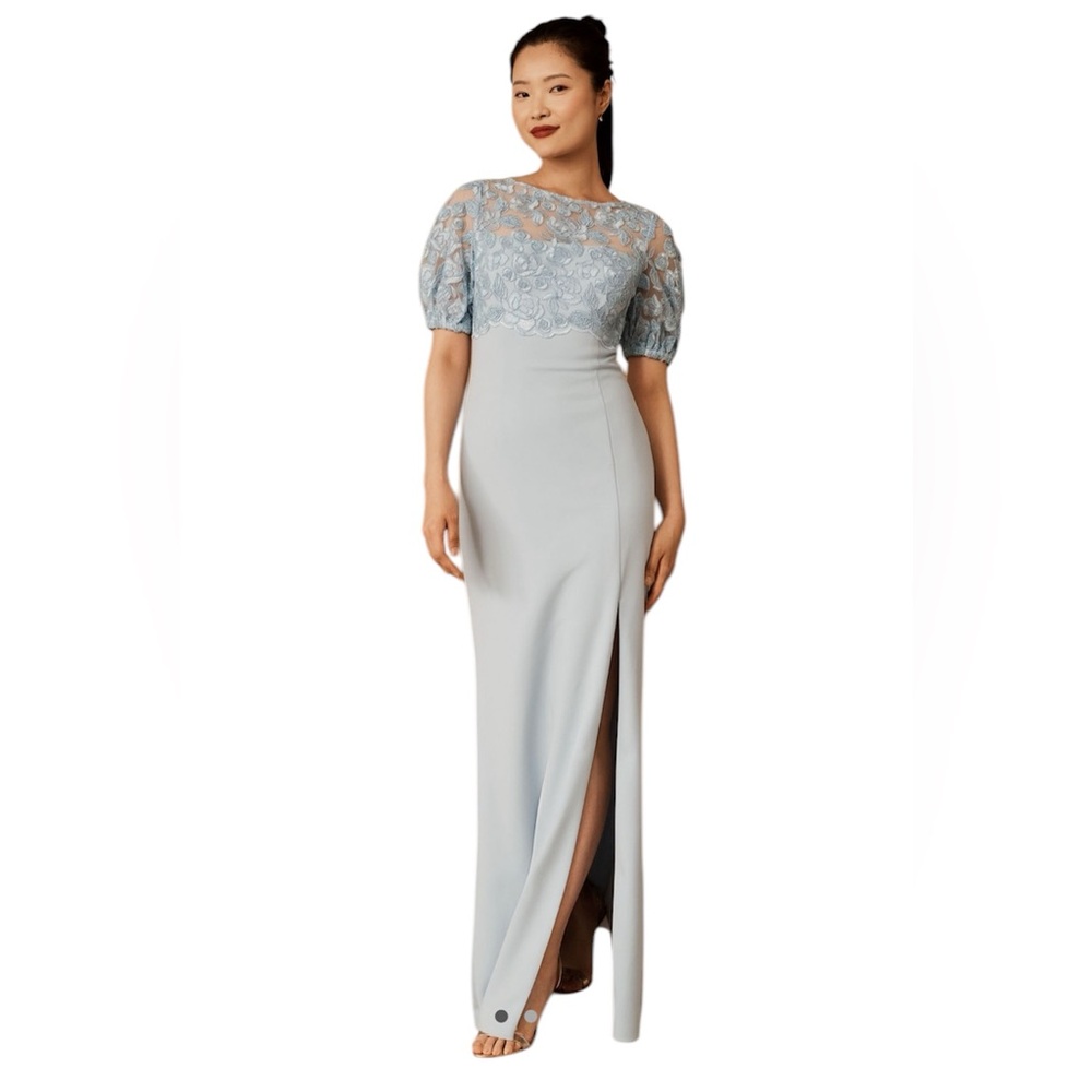 Adrianna Papell NWT BHLDN Anthro Justina Blue Lace Knit Crepe Gown Size 12